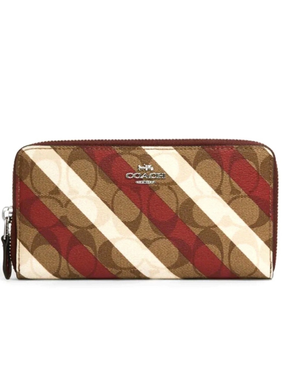 NWT Authentic Coach Zip Around Wallet Signature Leather Red Khaki White Stripe